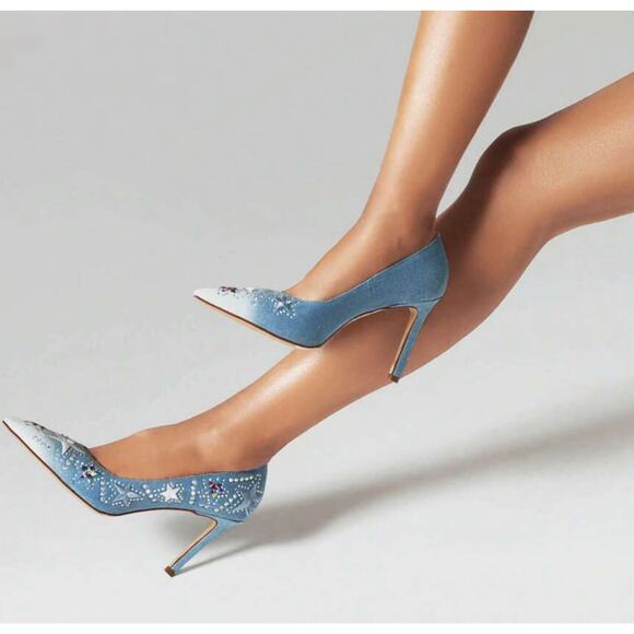 NEW Blue Jean Sparkly Rhinestone Star Embellished Denim Stiletto Heels - Picture 3 of 14